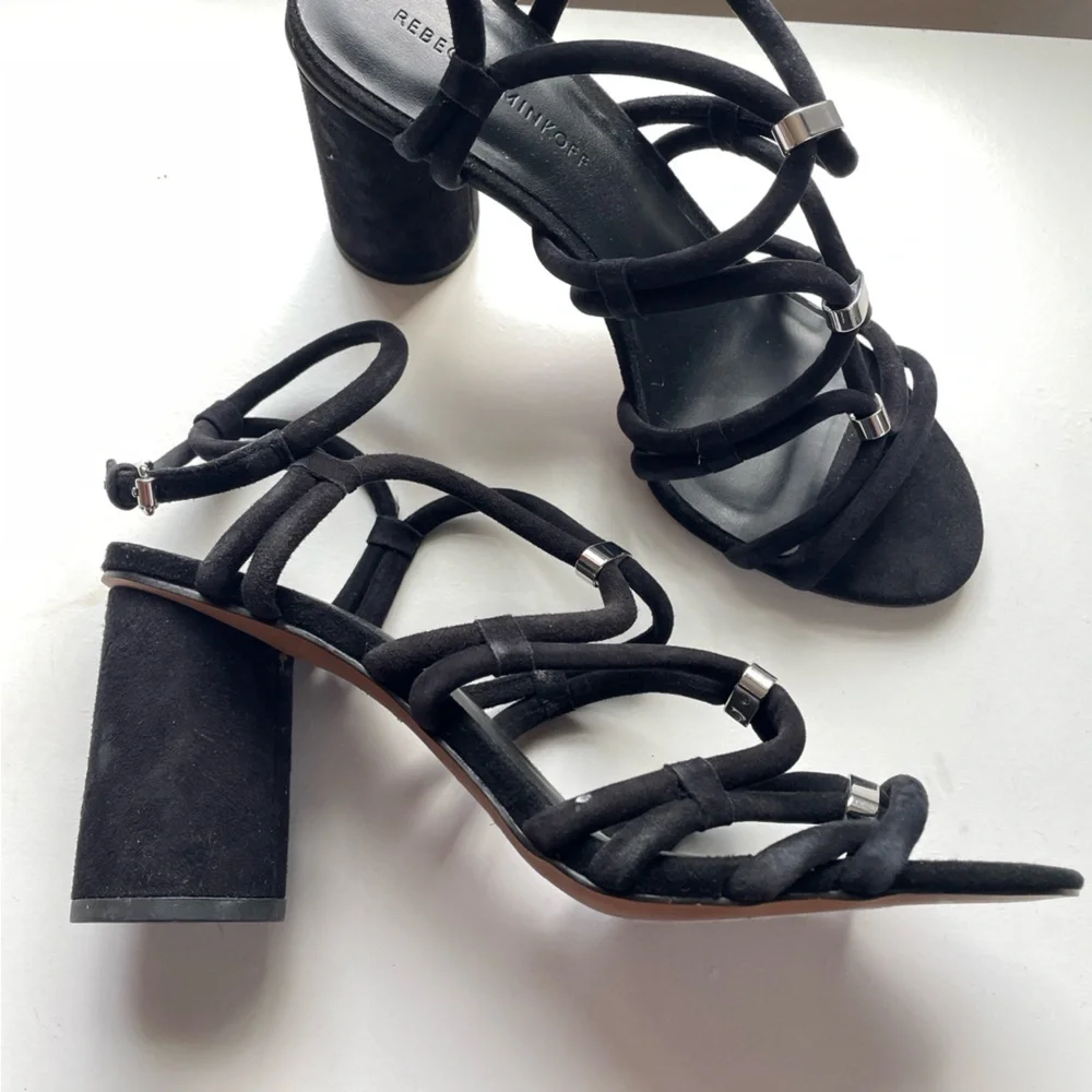 REBECCA MINKOFF sz 8.5 Apolline Suede Strappy Sandals black leather silver